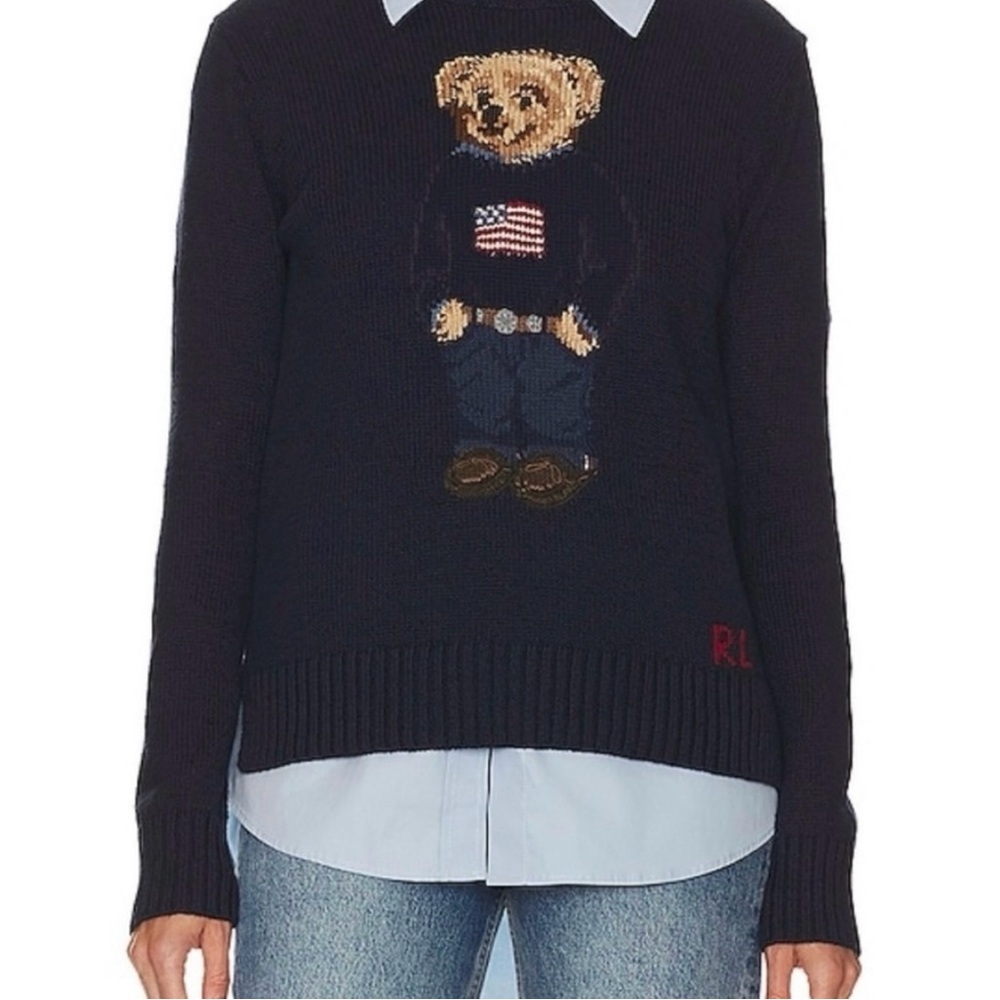 Vintage Polo Ralph Lauren Bear Sweater Navy Knit OG RL Polo Bear USA Flag - Picture 7 of 12